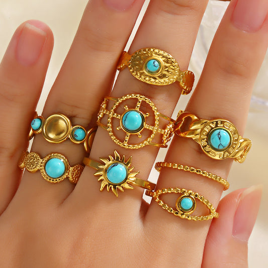 Modern Style Simple Style Geometric Stainless Steel Plating Inlay Turquoise 18k Gold Plated Open Rings