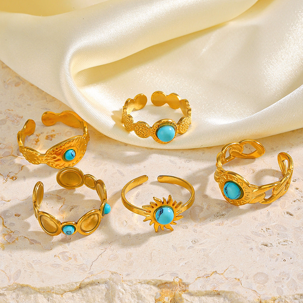 Modern Style Simple Style Geometric Stainless Steel Plating Inlay Turquoise 18k Gold Plated Open Rings