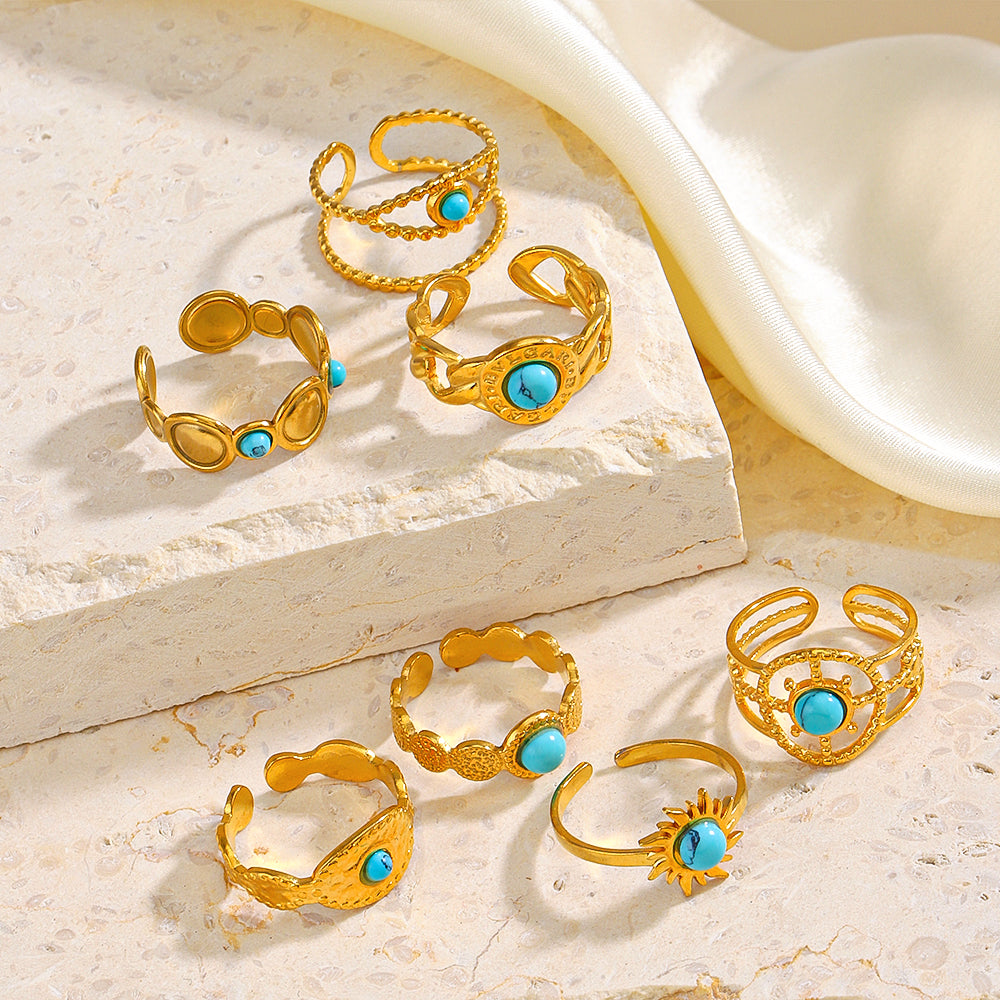 Modern Style Simple Style Geometric Stainless Steel Plating Inlay Turquoise 18k Gold Plated Open Rings