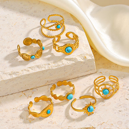 Modern Style Simple Style Geometric Stainless Steel Plating Inlay Turquoise 18k Gold Plated Open Rings