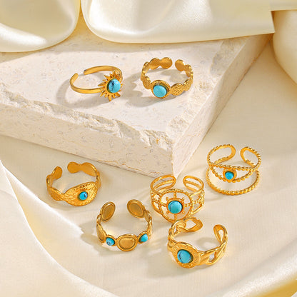 Modern Style Simple Style Geometric Stainless Steel Plating Inlay Turquoise 18k Gold Plated Open Rings