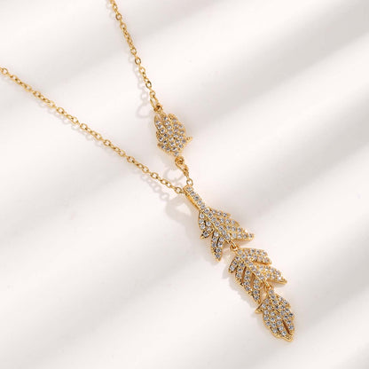 Elegant Glam Simple Style Leaves Water Droplets Solid Color Titanium Steel Plating Inlay Zircon Gold Plated Pendant Necklace