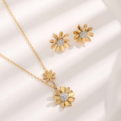 Elegant Glam Solid Color Flower Titanium Steel Plating Inlay Zircon Gold Plated Earrings Necklace