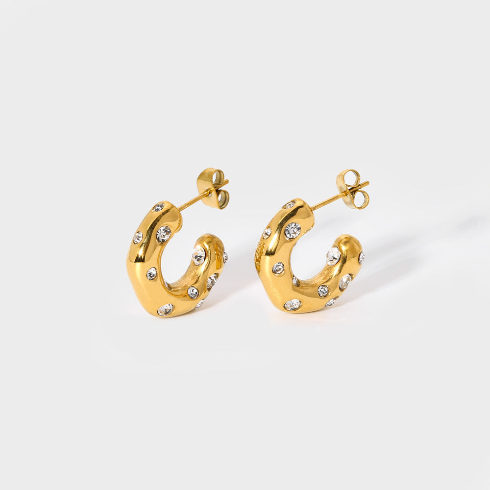 1 Pair Casual Classic Style C Shape Plating Inlay Stainless Steel Rhinestones 18k Gold Plated Ear Studs