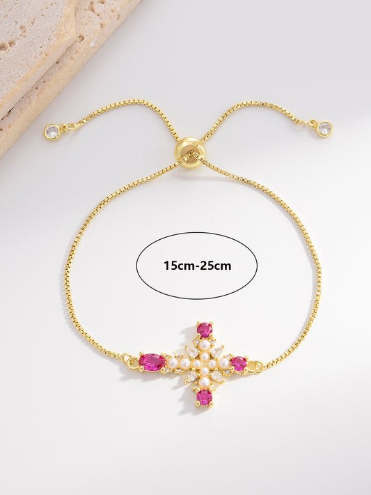 Elegant Cross Copper Gold Plated Artificial Pearls Zircon Bracelets In Bulk
