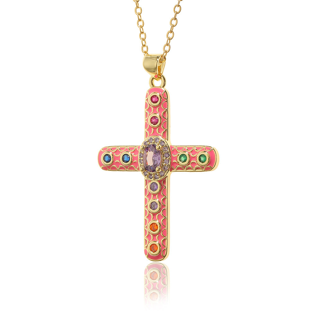 Simple Style Cross Copper Rhinestones Pendant Necklace In Bulk