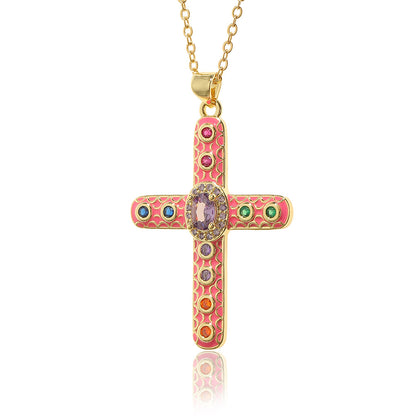 Simple Style Cross Copper Rhinestones Pendant Necklace In Bulk