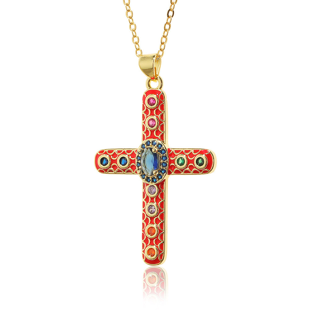 Simple Style Cross Copper Rhinestones Pendant Necklace In Bulk