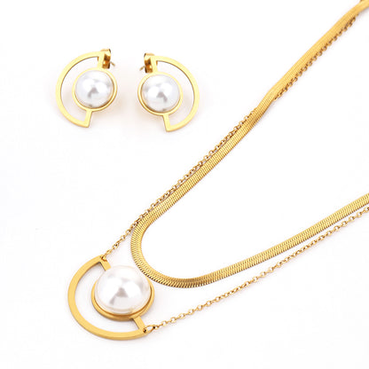 Lady Solid Color Titanium Steel Inlay Artificial Pearls Earrings Necklace Jewelry Set