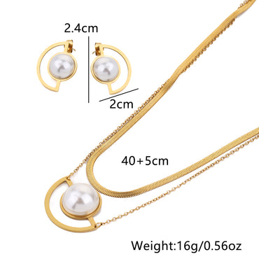 Lady Solid Color Titanium Steel Inlay Artificial Pearls Earrings Necklace Jewelry Set