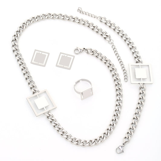 Lady Streetwear Square Titanium Steel Rings Earrings Necklace