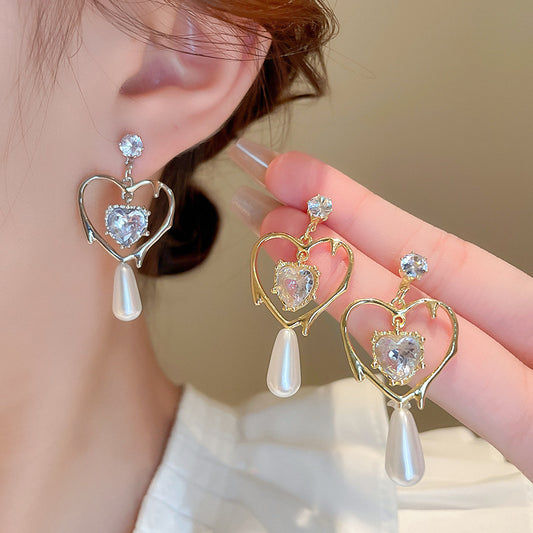 1 Pair Elegant Lady Korean Style Heart Shape Inlay Alloy Zircon Drop Earrings