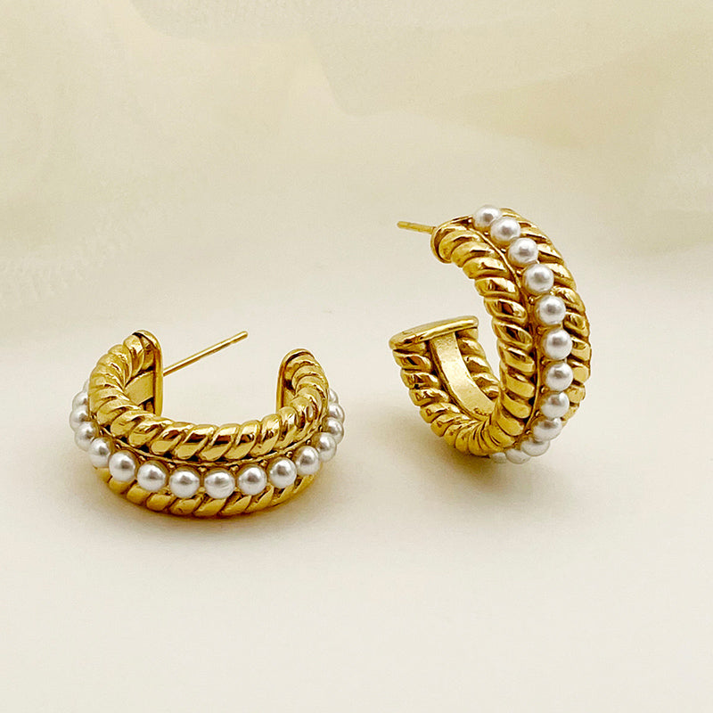 1 Pair Elegant Vintage Style Luxurious C Shape Polishing Plating Inlay Stainless Steel Artificial Pearls Gold Plated Ear Studs