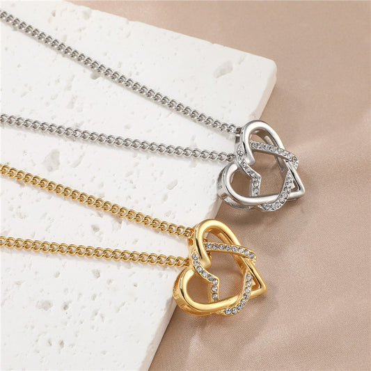 Sweet Simple Style Heart Shape Stainless Steel Hollow Out Inlay Zircon Pendant Necklace