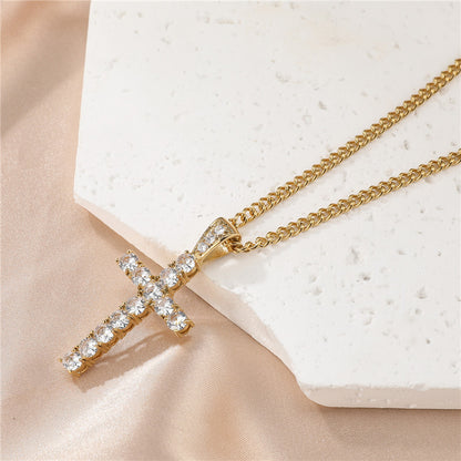 Vintage Style Cross Stainless Steel Inlay Zircon Pendant Necklace