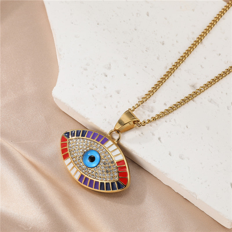 Retro Devil's Eye Stainless Steel Inlay Zircon Pendant Necklace