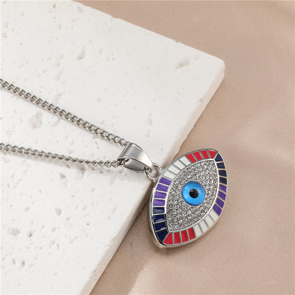 Retro Devil's Eye Stainless Steel Inlay Zircon Pendant Necklace