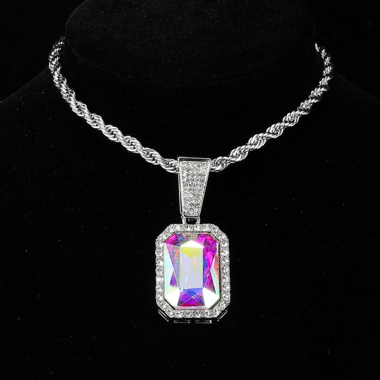 Lady Square Stainless Steel Alloy Inlay Artificial Gemstones Necklace