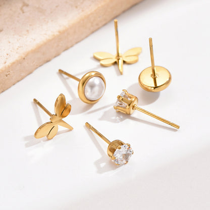 3 Pairs Sweet Simple Style Pearl Dragonfly Plating Inlay Stainless Steel Artificial Pearls Zircon 14k Gold Plated Ear Studs