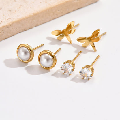 3 Pairs Sweet Simple Style Pearl Dragonfly Plating Inlay Stainless Steel Artificial Pearls Zircon 14k Gold Plated Ear Studs