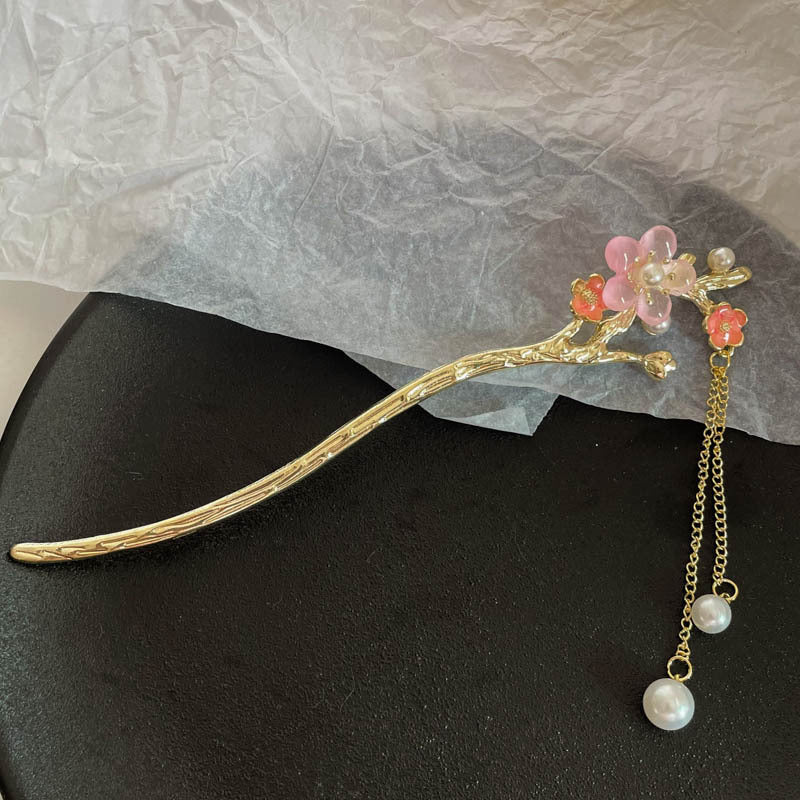 Chinoiserie Retro Bamboo Flower Butterfly Alloy Plating Inlay Rhinestones Pearl Hairpin