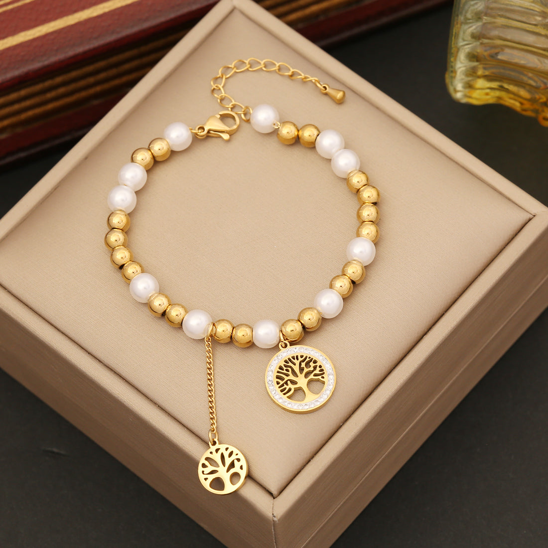 Wholesale Elegant Retro Tree Stainless Steel Imitation Pearl Inlay Zircon Bracelets Earrings Necklace