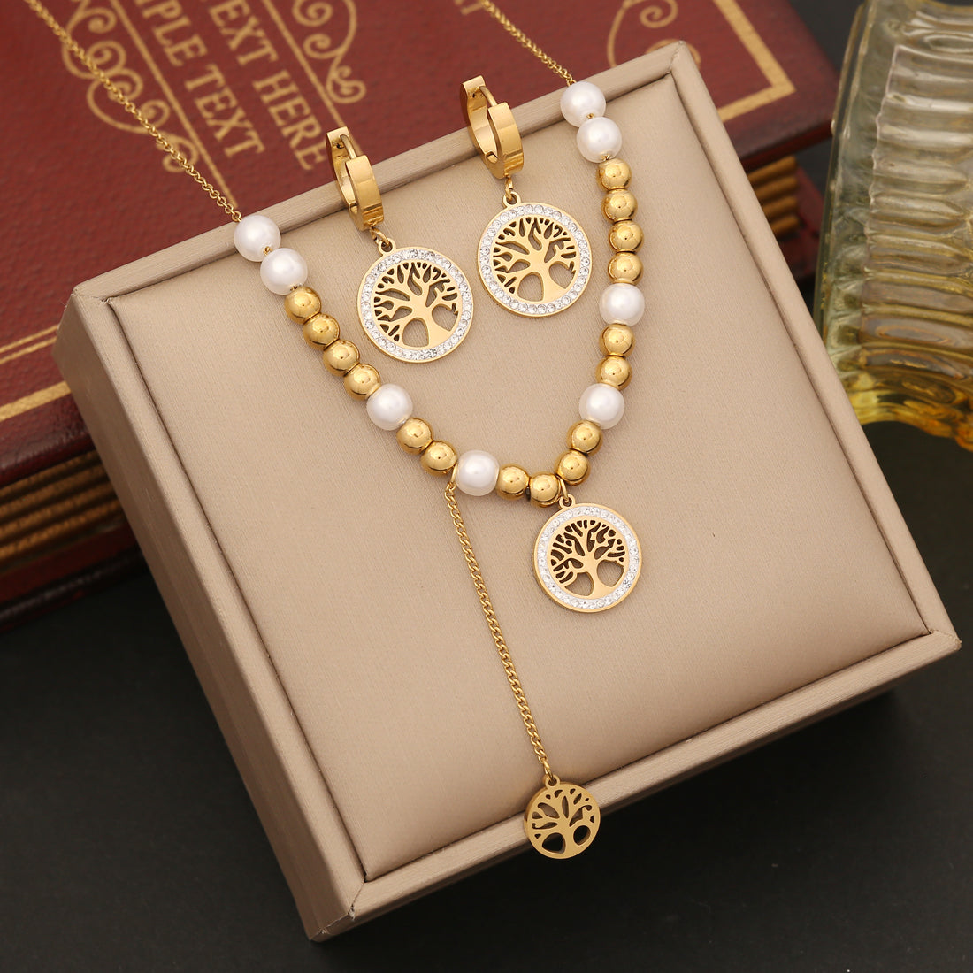 Wholesale Elegant Retro Tree Stainless Steel Imitation Pearl Inlay Zircon Bracelets Earrings Necklace