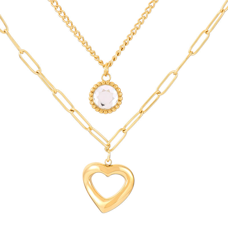 Streetwear Heart Shape Stainless Steel Plating Inlay Glass Gold Plated Layered Necklaces