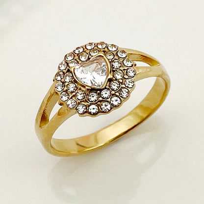 Glam Classical Lady Heart Shape Stainless Steel Plating Inlay Rhinestones Zircon Gold Plated Rings