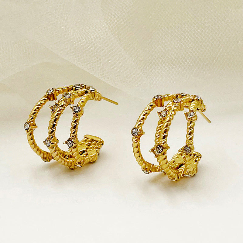 1 Pair Vintage Style Simple Style Roman Style C Shape Layered Plating Inlay Stainless Steel Zircon Gold Plated Ear Studs