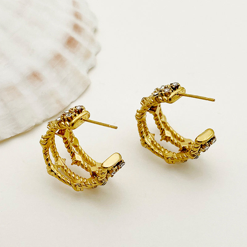 1 Pair Vintage Style Simple Style Roman Style C Shape Layered Plating Inlay Stainless Steel Zircon Gold Plated Ear Studs