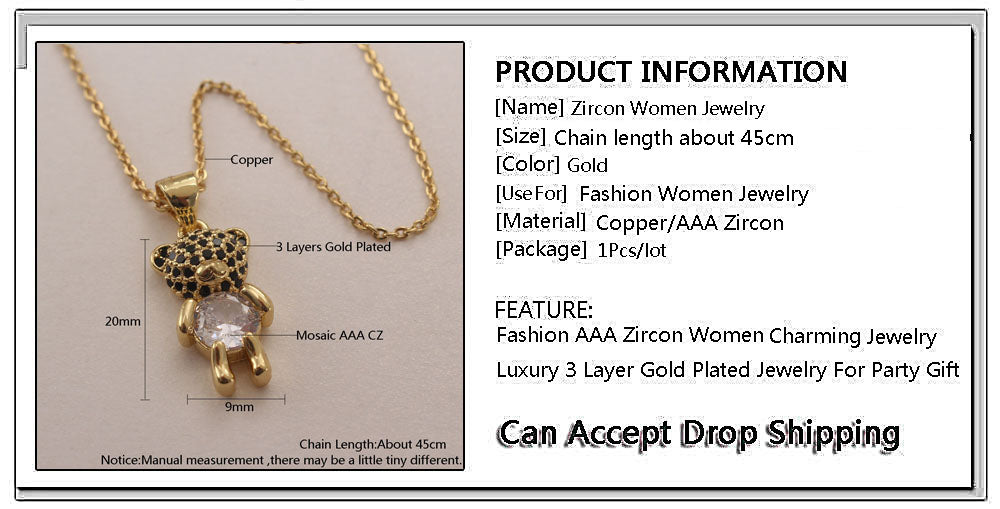 Ig Style Cute Little Bear Copper Gold Plated Zircon Pendant Necklace In Bulk