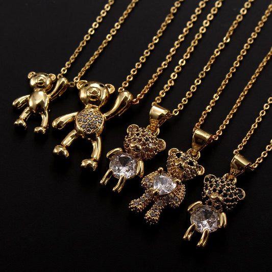 Ig Style Cute Little Bear Copper Gold Plated Zircon Pendant Necklace In Bulk