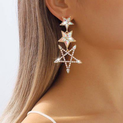 1 Pair Elegant Sweet Shiny Pentagram Hollow Out Inlay Alloy Rhinestones Drop Earrings