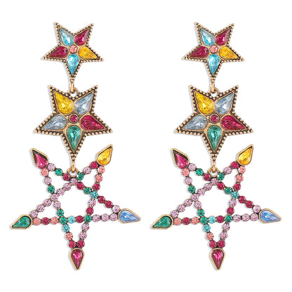 1 Pair Elegant Sweet Shiny Pentagram Hollow Out Inlay Alloy Rhinestones Drop Earrings