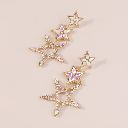 1 Pair Elegant Sweet Shiny Pentagram Hollow Out Inlay Alloy Rhinestones Drop Earrings