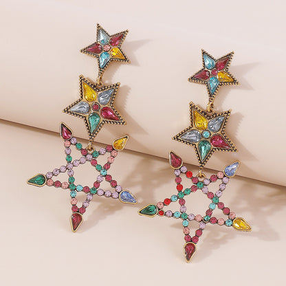 1 Pair Elegant Sweet Shiny Pentagram Hollow Out Inlay Alloy Rhinestones Drop Earrings