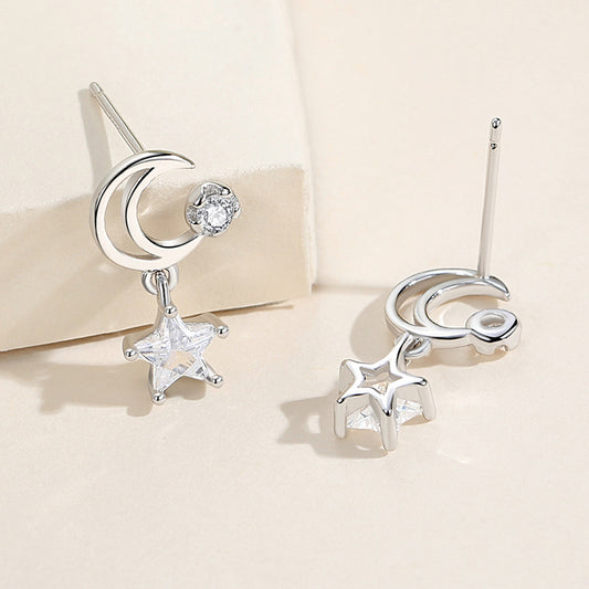 1 Pair Elegant Shiny Star Moon Inlay Sterling Silver Zircon Drop Earrings