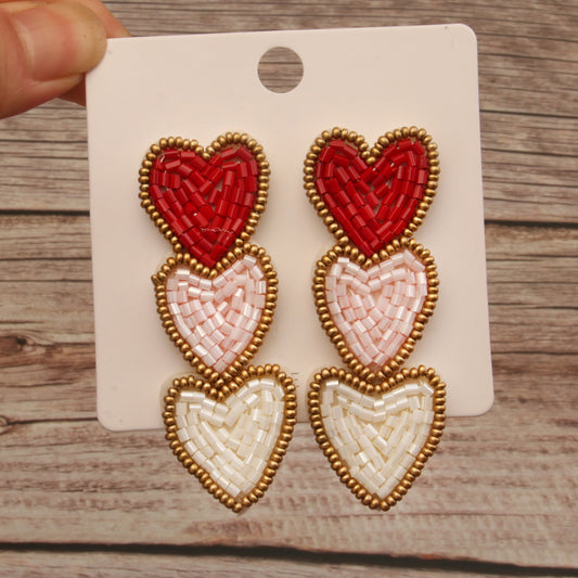 1 Pair Casual Novelty Artistic Multicolor Heart Shape Handmade Beaded Cloth Drop Earrings