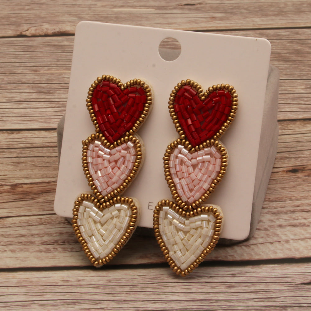 1 Pair Casual Novelty Artistic Multicolor Heart Shape Handmade Beaded Cloth Drop Earrings