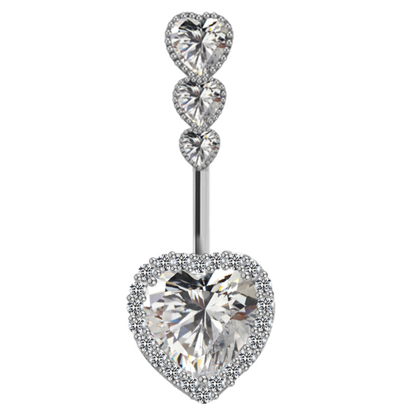 Cute Luxurious Heart Shape Stainless Steel Copper Plating Inlay Gem Rhinestones Zircon White Gold Plated Belly Ring