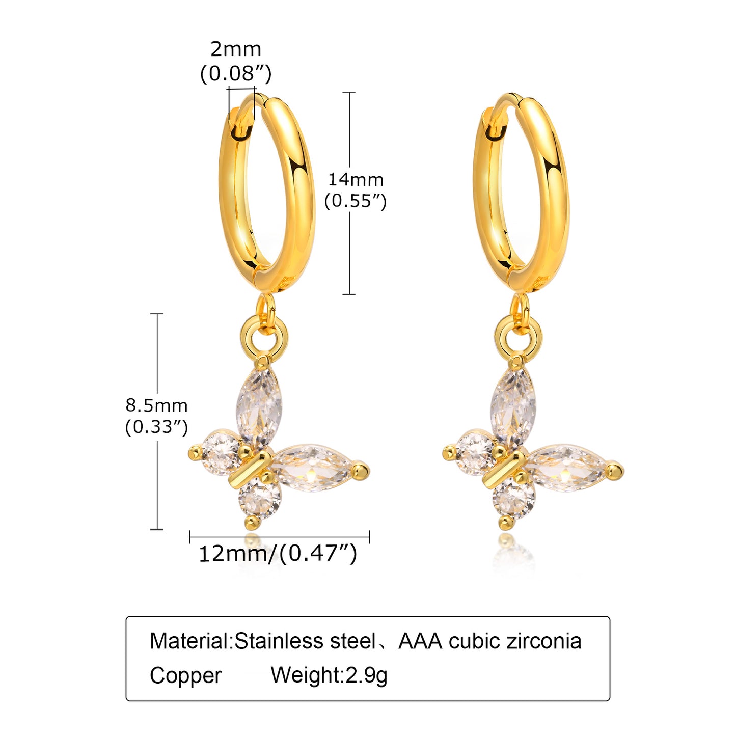 1 Pair Simple Style Butterfly Elephant Plating Inlay Stainless Steel Copper Zircon Gold Plated Drop Earrings