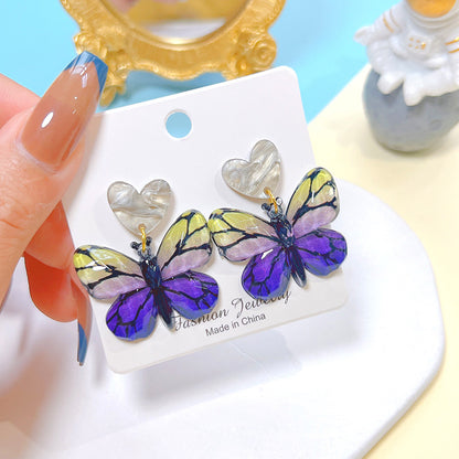 1 Pair Sweet Artistic Gradient Color Heart Shape Butterfly Printing Arylic Drop Earrings