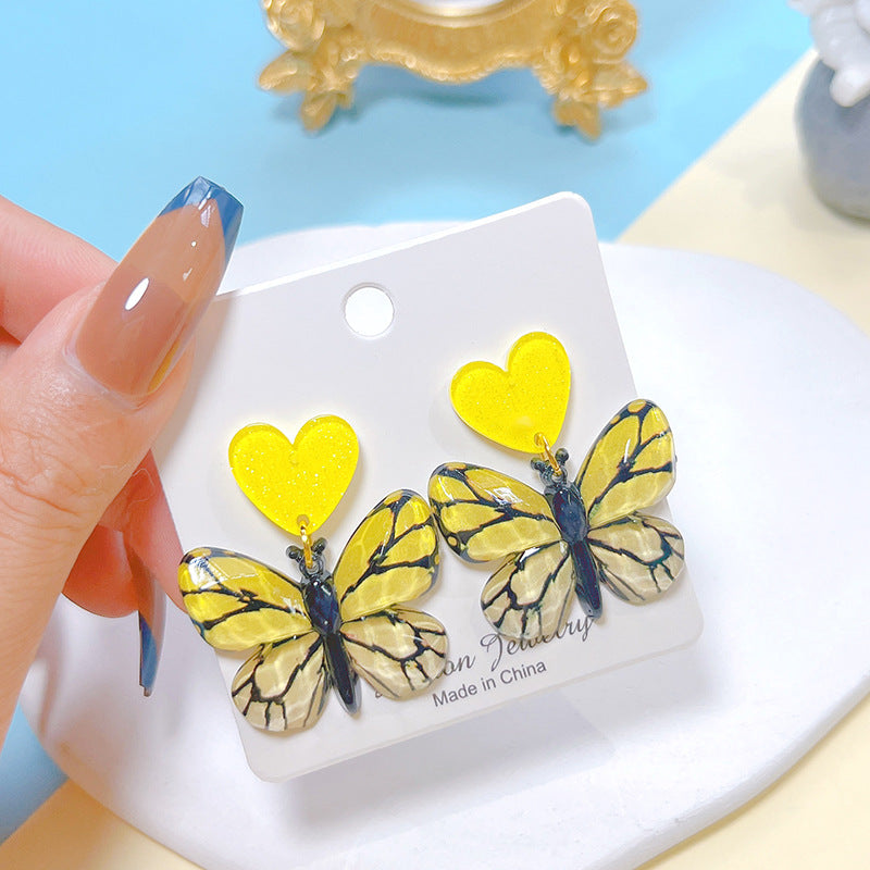 1 Pair Sweet Artistic Gradient Color Heart Shape Butterfly Printing Arylic Drop Earrings