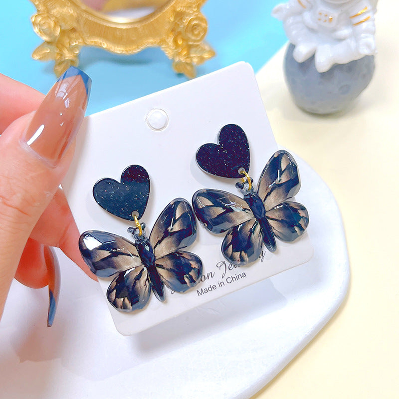 1 Pair Sweet Artistic Gradient Color Heart Shape Butterfly Printing Arylic Drop Earrings