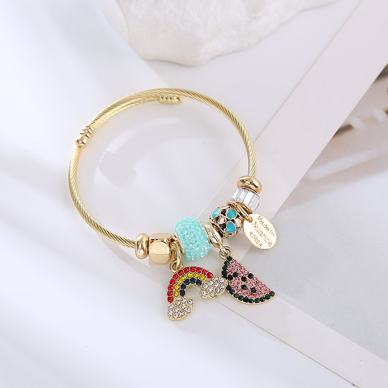 Elegant Rainbow Alloy Beaded Rhinestones Gold Plated Women's Bangle