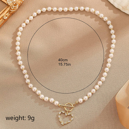 Retro Roman Style Commute Heart Shape Freshwater Pearl Copper Toggle Plating Inlay Zircon Pendant Necklace