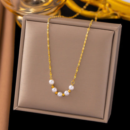 Simple Style Round Flower Imitation Pearl Titanium Steel Plating Necklace