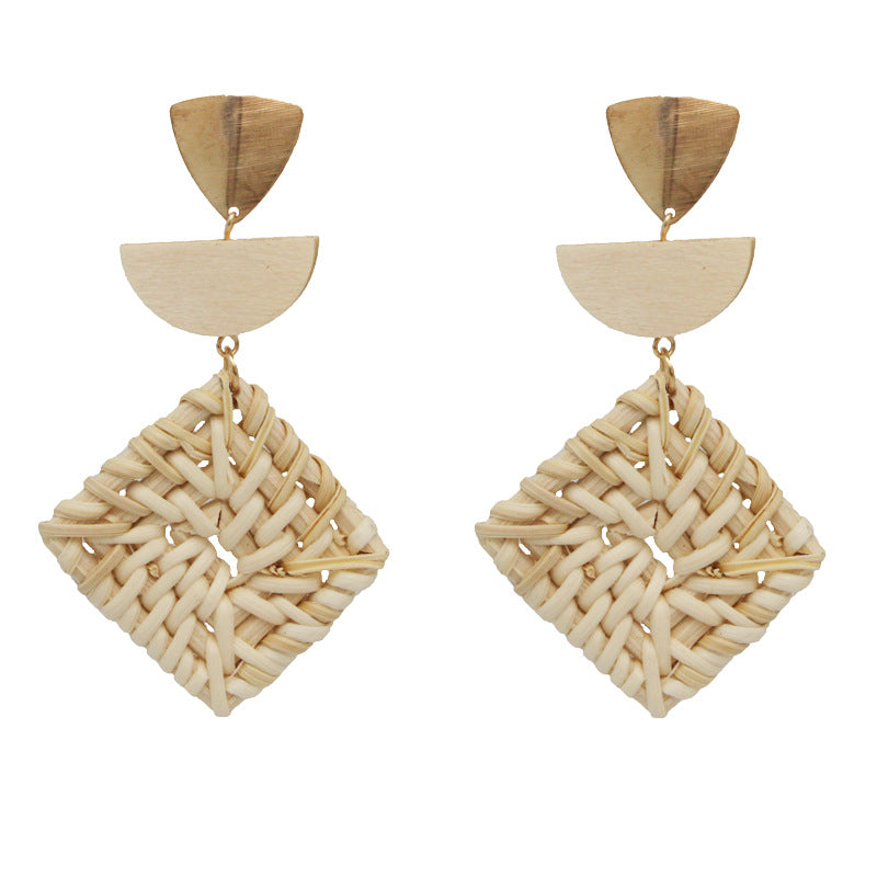 1 Pair Hawaiian Bohemian Geometric Rattan Drop Earrings