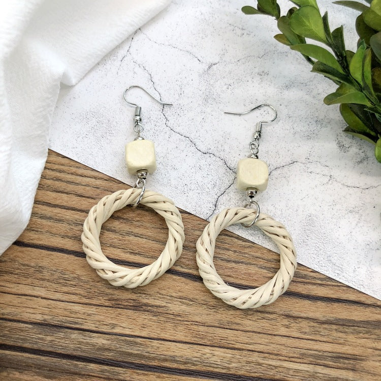 1 Pair Simple Style Geometric Mixed Materials Rattan Drop Earrings